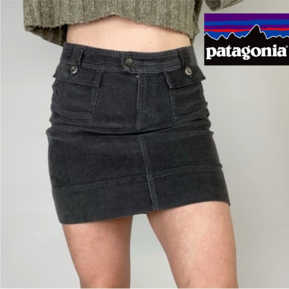 Patagonia Organic Cotton Corduroy Black Stretch Mini Skirt Pockets Size 6 Cozy